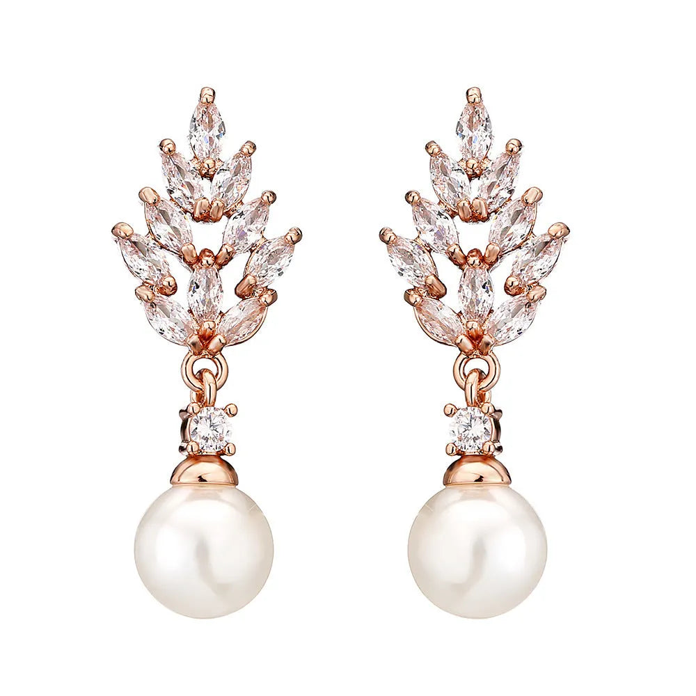 Geometric stud earrings with micro inlaid zircon detailing and floral design in gold, platinum, or rose gold plating