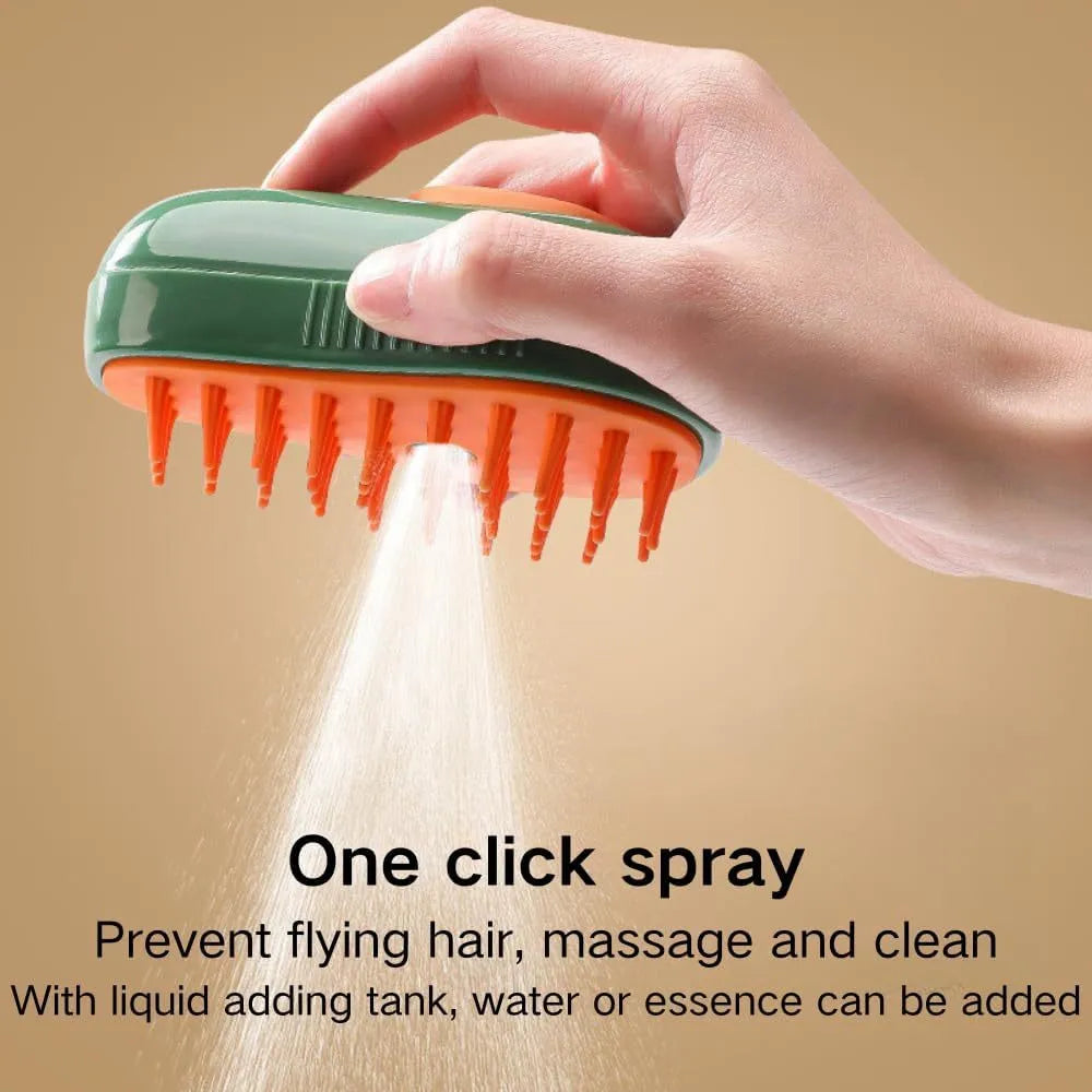 Green and white cat steam brush with silicone bristles and water spray function for pet grooming