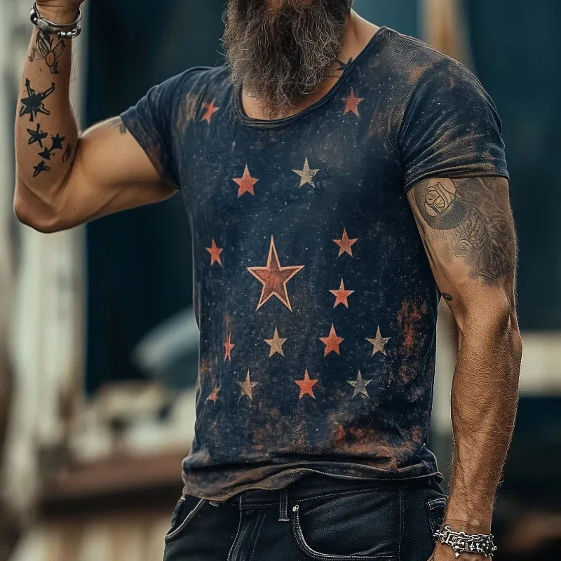 Art retro style T-shirt with creative 3D printed pattern, loose fit short sleeve design