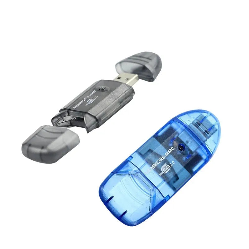 Transparent USB card reader with LED light showing memory card slots and USB plug