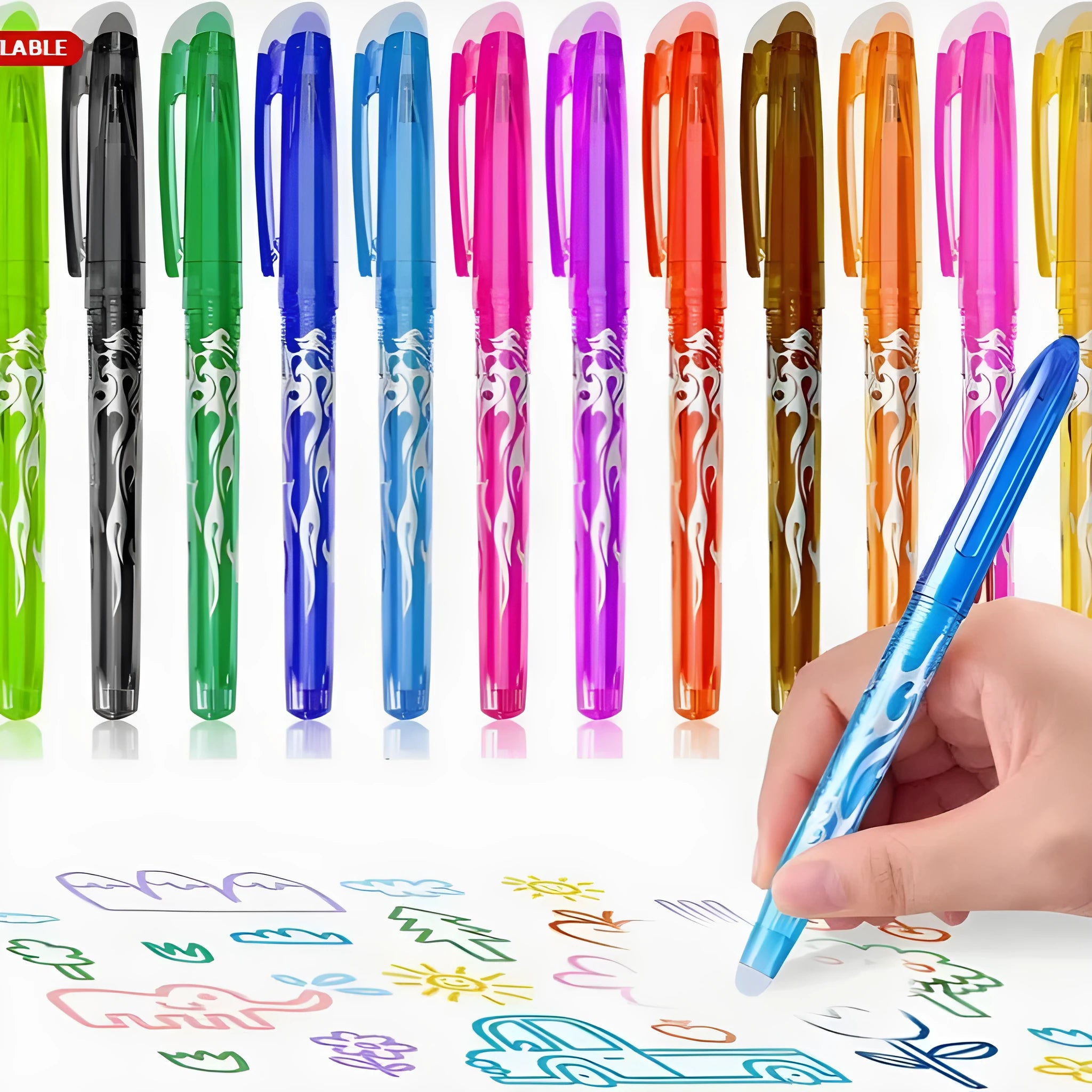 Set of hot erasable gel pens with plastic bodies and stainless steel nibs, showing multiple coloured barrels.