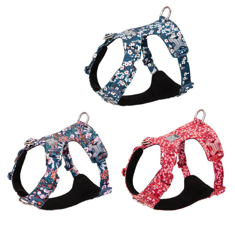Pure cotton dog harness in a floral pattern, showing the chest strap and pull-resistant design.