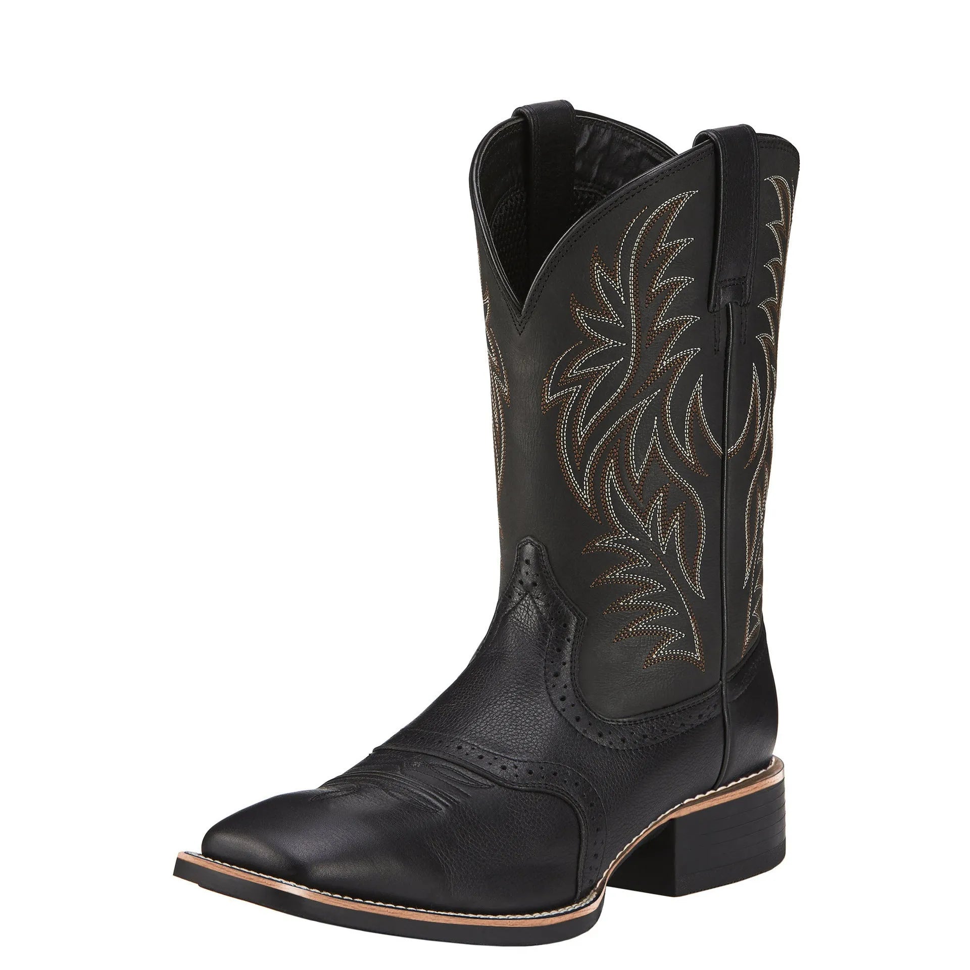 Men's black Western cowboy boots with intricate embroidery stitching, a wide square toe, and a high shaft.