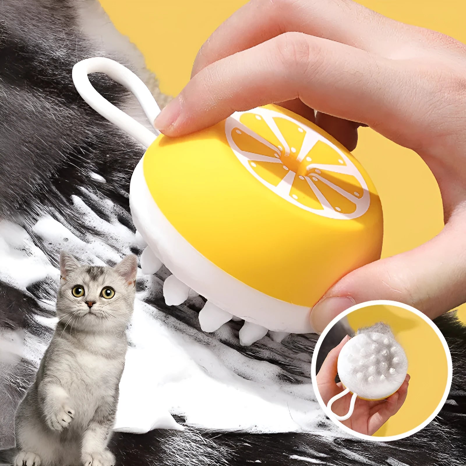 Pet grooming brush with 2-in-1 design showing massage head and comb teeth in soft silicone construction