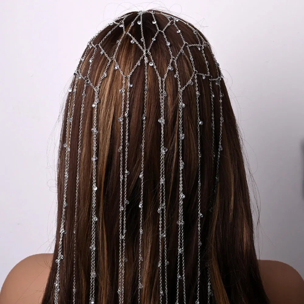 Gold or silver mesh tassel rhinestone headband hair accessory with electroplated finish