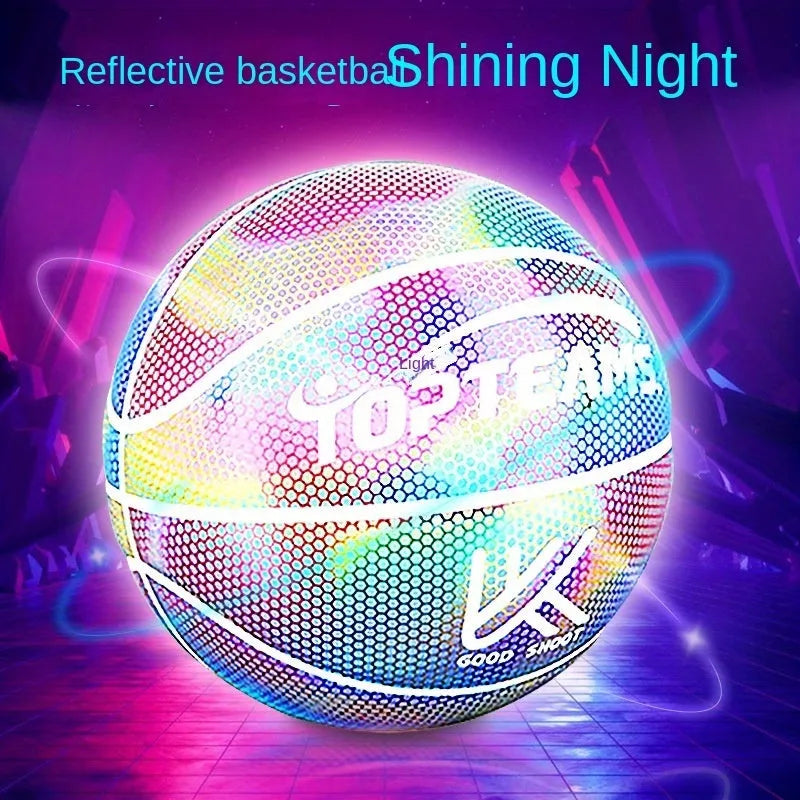 Chroma and white holographic luminous reflective No. 7 basketball made from wear-resistant PU.