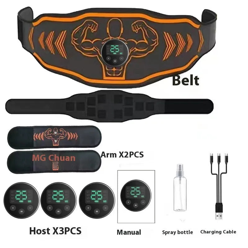 Smart EMS massage belt with rechargeable host unit and arm electrodes in orange and blue colour options