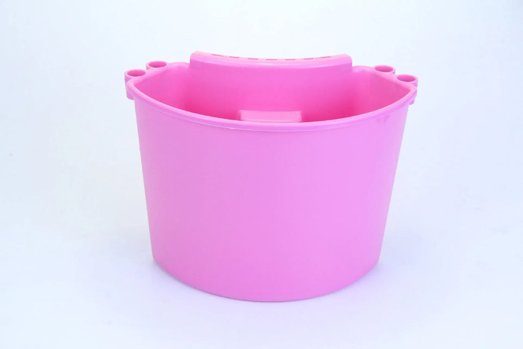A durable PP plastic car wash bucket for cleaning tools, shown in available colours: black, red, blue, and pink.