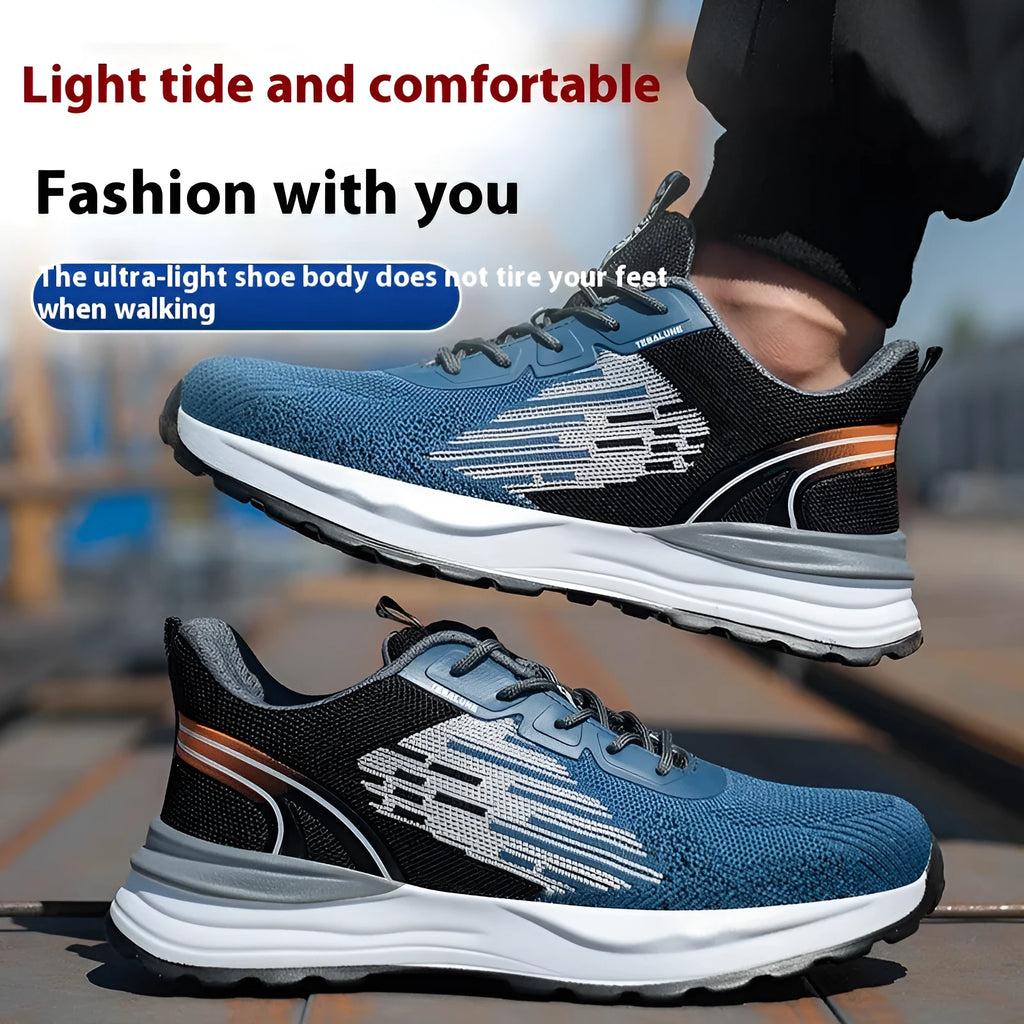 Blue men's low-top safety work shoes with lace-up front and plastic safety toe cap.
