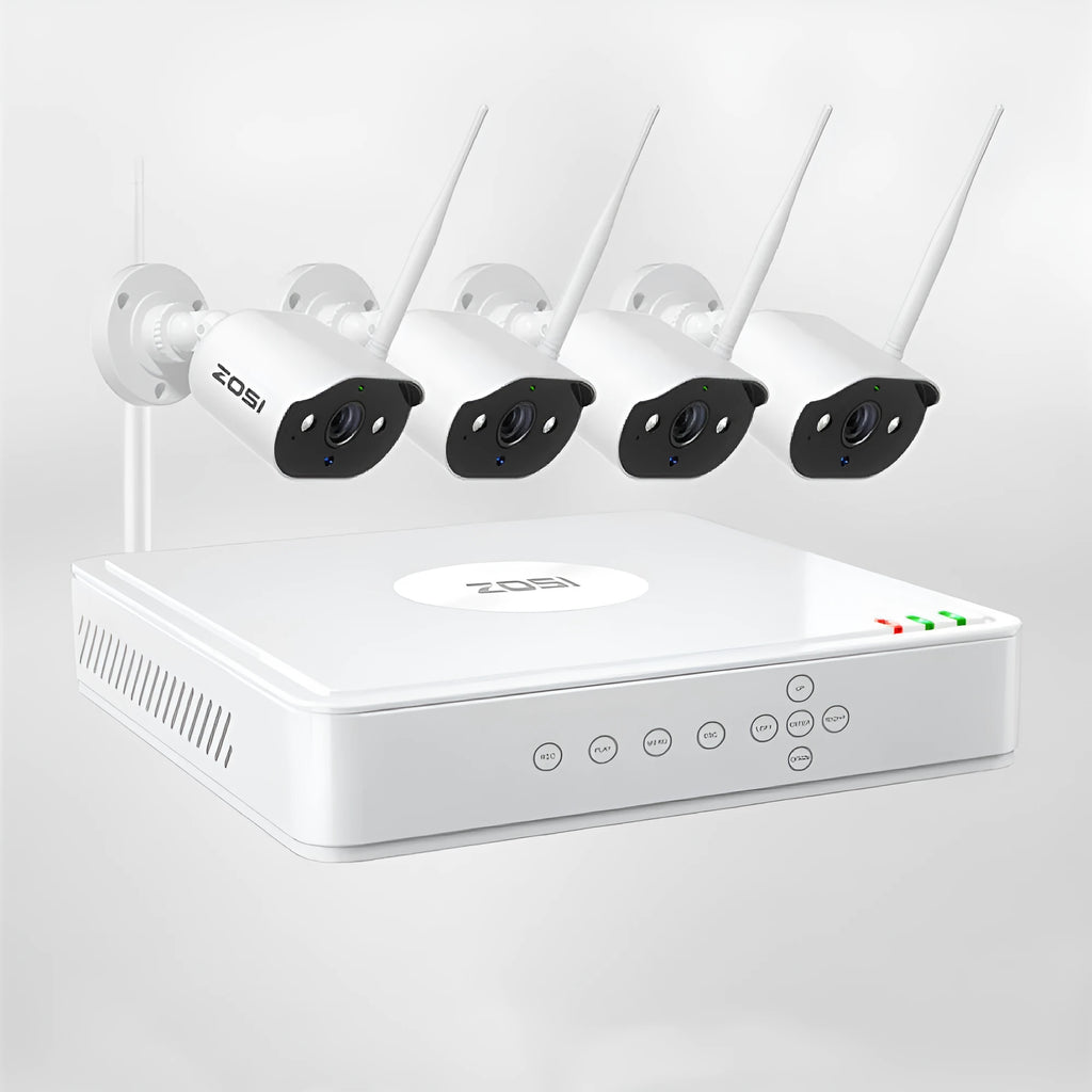 ZOSI 5MP POE security camera system with outdoor cameras and NVR recorder featuring 360-degree or fixed lens options and hard drive storage.