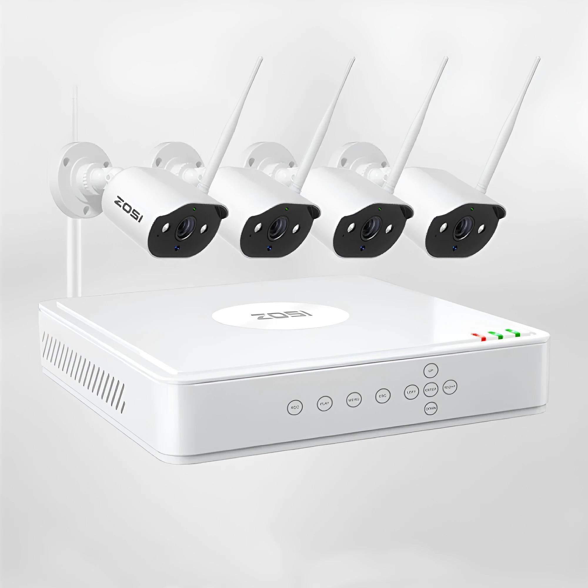 ZOSI 5MP POE security camera system with outdoor cameras and NVR recorder featuring 360-degree or fixed lens options and hard drive storage.