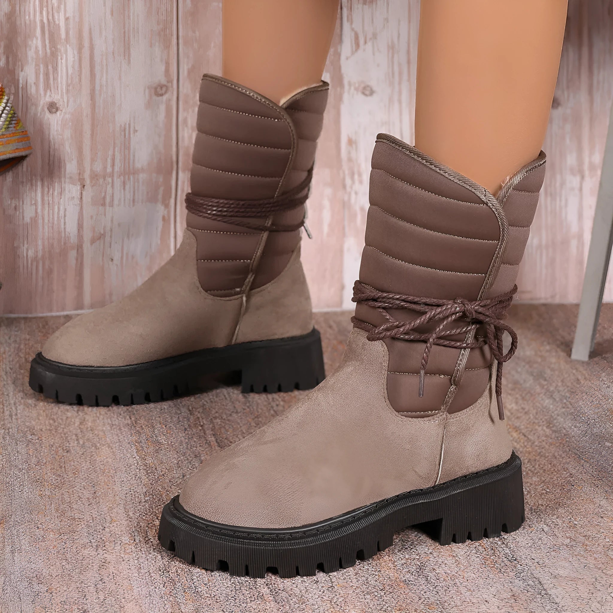 Women's black chunky heel snow boots with suede upper and lace-up design