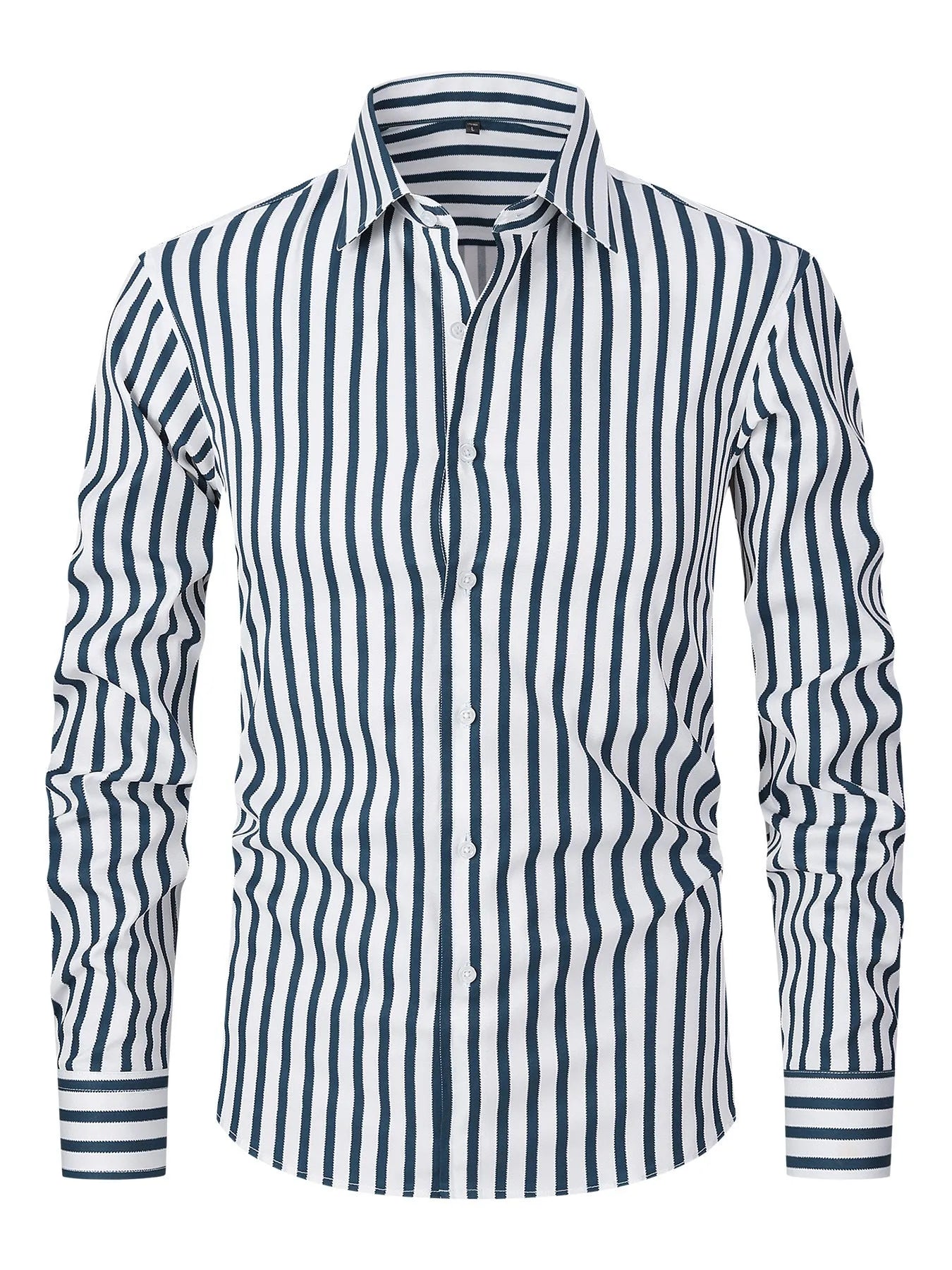 Men's striped ice silk polyester business shirt with slim fit on Asian mannequin showing XXS to XL sizing