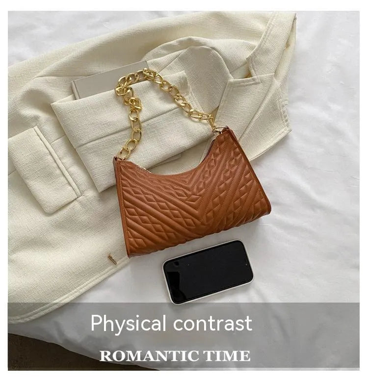 PU pleated chain baguette shoulder underarm bag in vertical square shape with adjustable strap