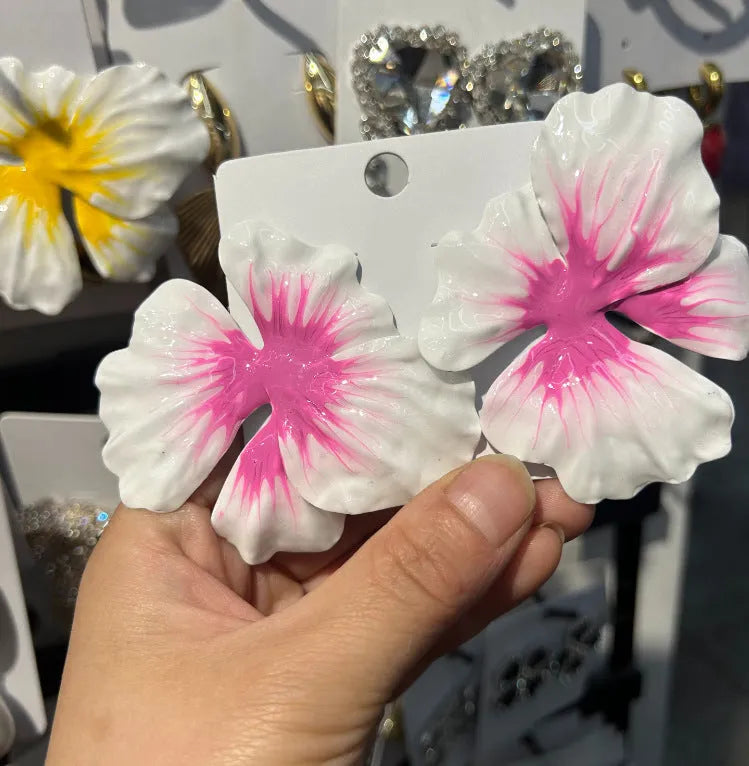 Pastoral style alloy flower stud earrings with oil-spot glaze finish in blue, green, purple, and rose colour options.