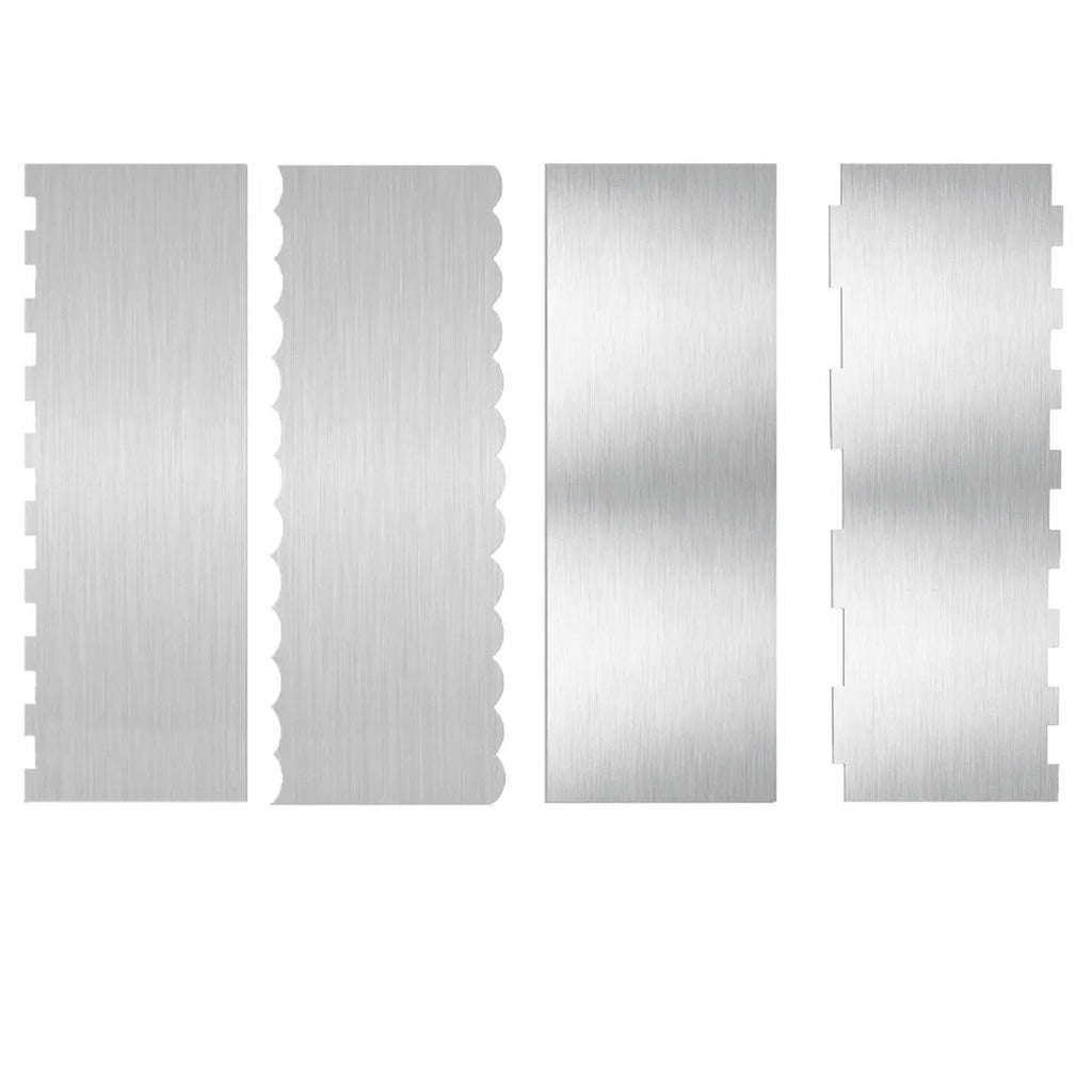 Stainless steel cake scraper with polygon patterns for buttercream texturing