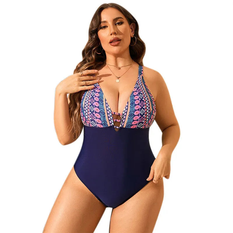 Leopard print plus size one-piece swimsuit for women with V-neck and belly coverage