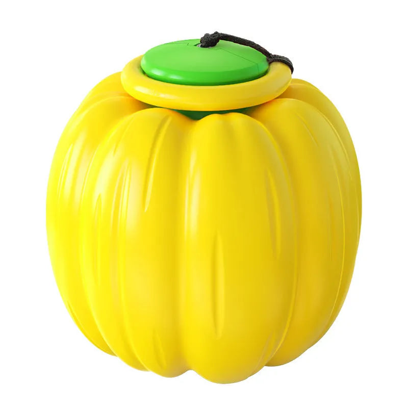Green, orange, and yellow plastic pumpkin-shaped dog toy with squeaker for small dogs
