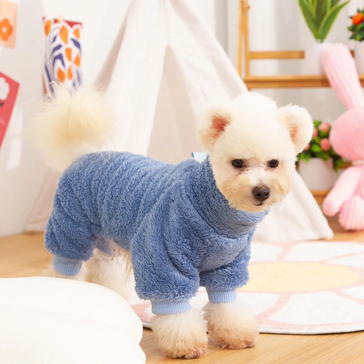 Double-sided thick plush dog clothes with four-legged design, high collar and towing ring in khaki colour