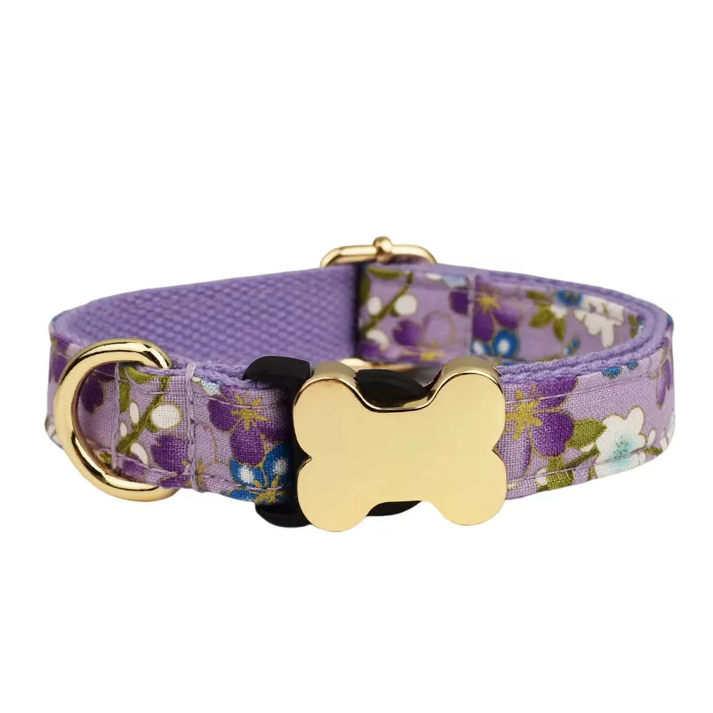 Flat printed grid nylon dog collar with a bone-shaped buckle in assorted colours