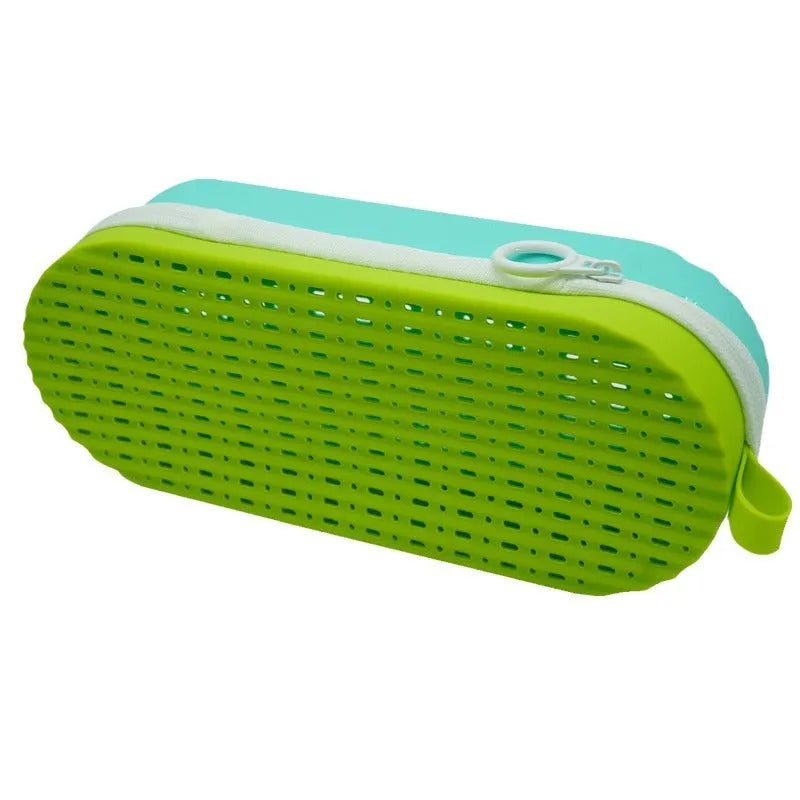 A rectangular silicone glasses case in rose red light purple, showing its slim 200mm x 80mm x 50mm profile.
