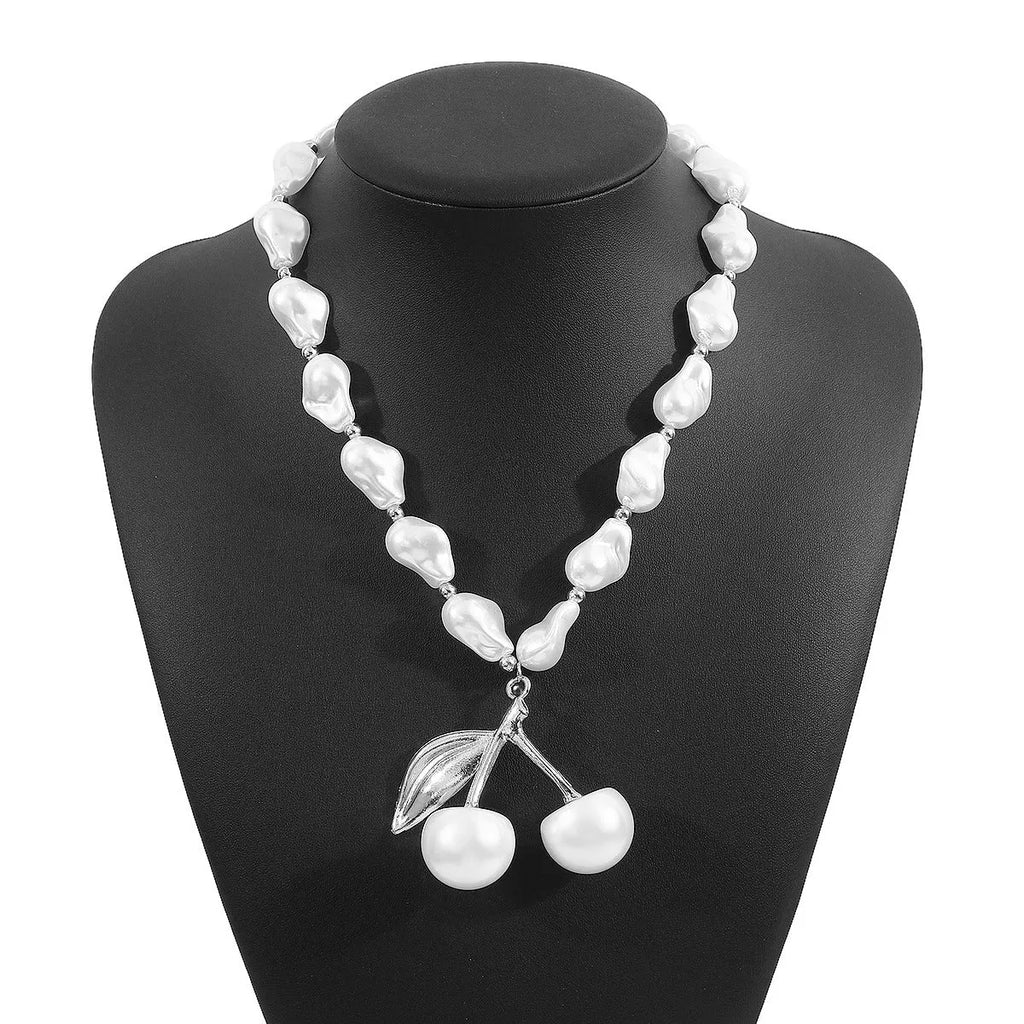 Women's adjustable pearl cherry fruit necklace with geometric pendant on 51-60cm chain