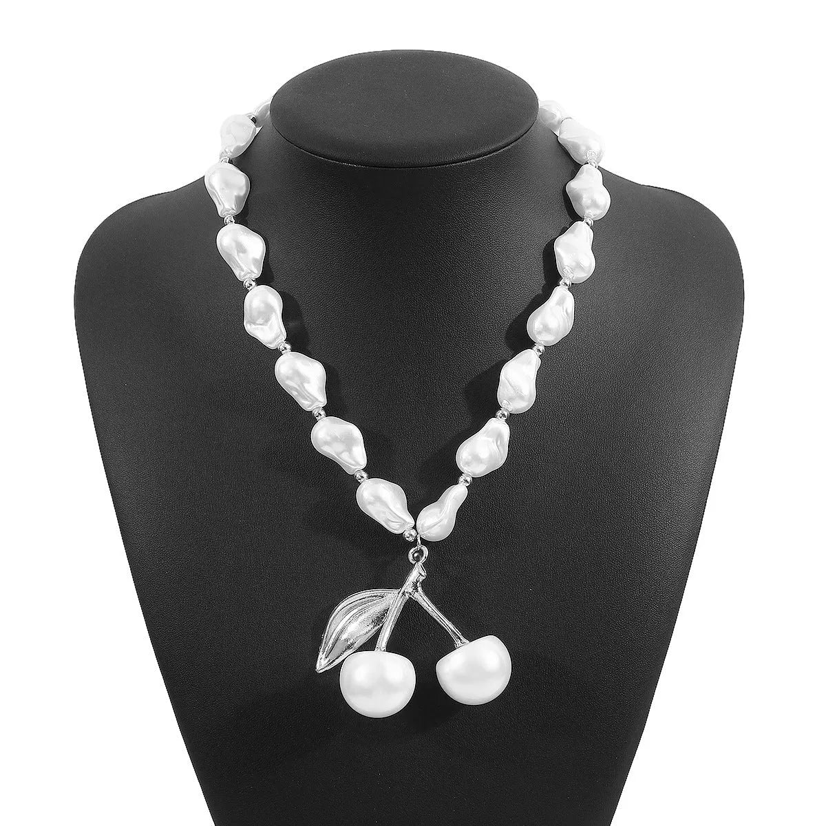 Women's adjustable pearl cherry fruit necklace with geometric pendant on 51-60cm chain