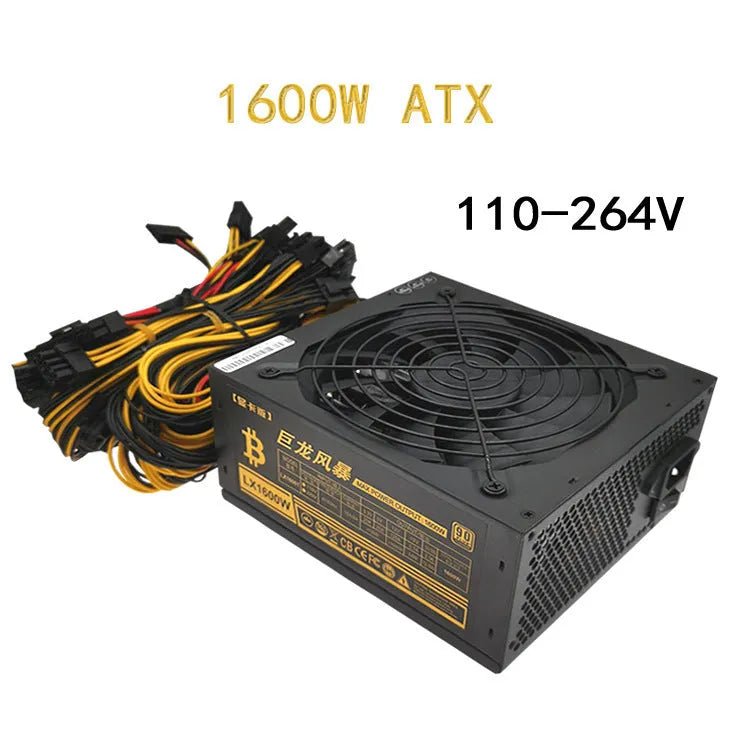 Black server power supply unit with multiple cable connectors including twelve 6+2 pin graphics card ports.