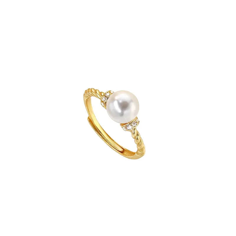 Antique geometric twist ring with pearl inlay in adjustable copper construction