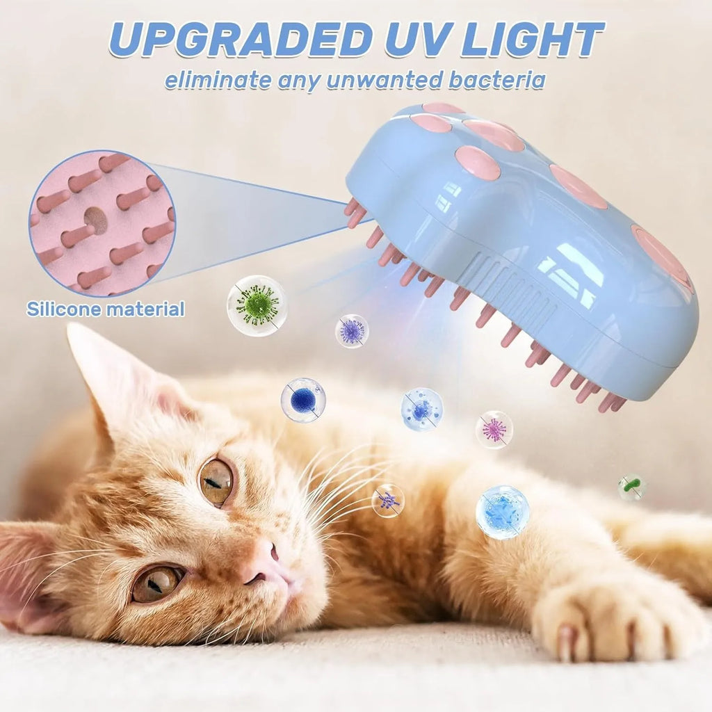 Blue self-cleaning pet steam brush with silicone bristles and spray function.