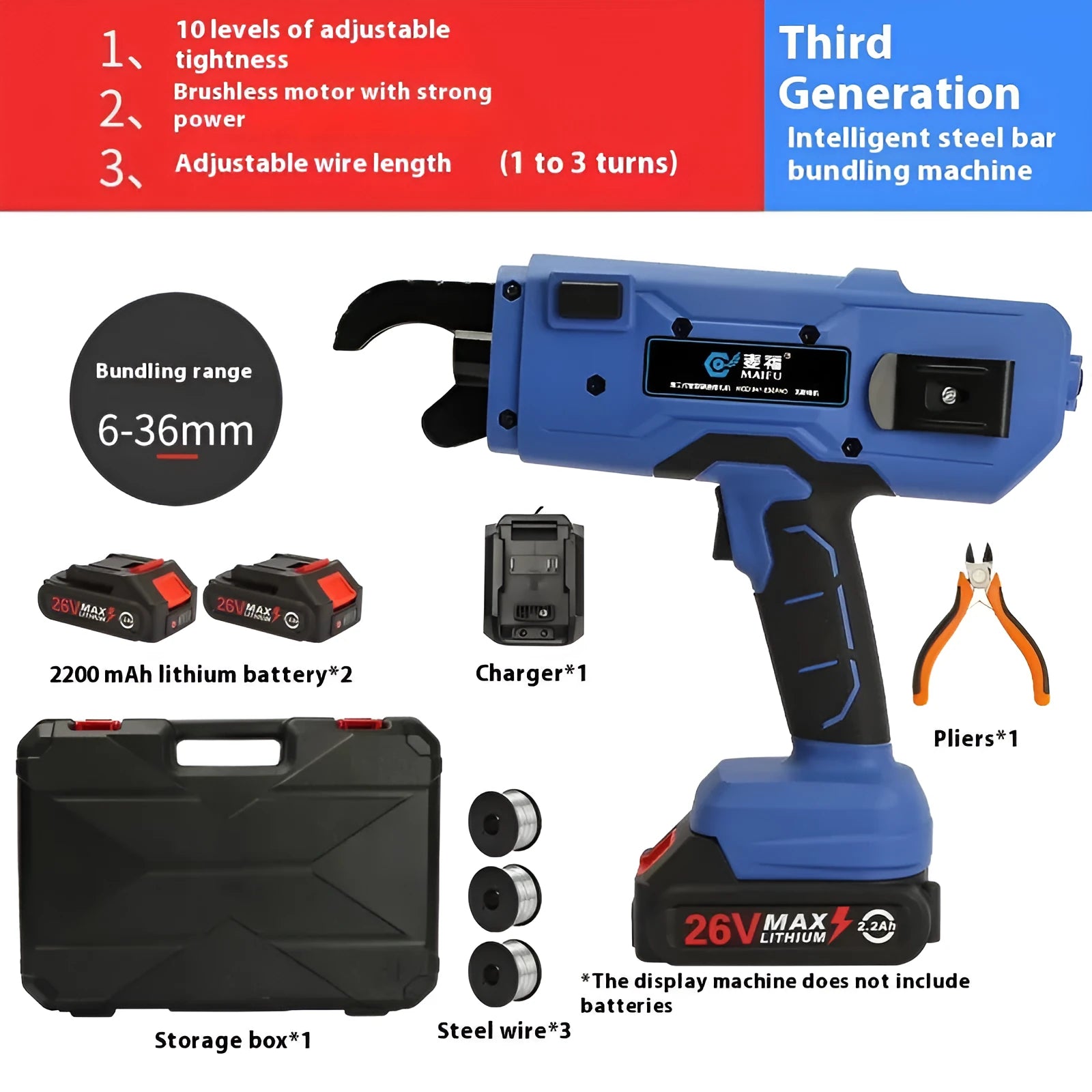 Fully automatic electric steel bar tying machine with battery on a construction site.