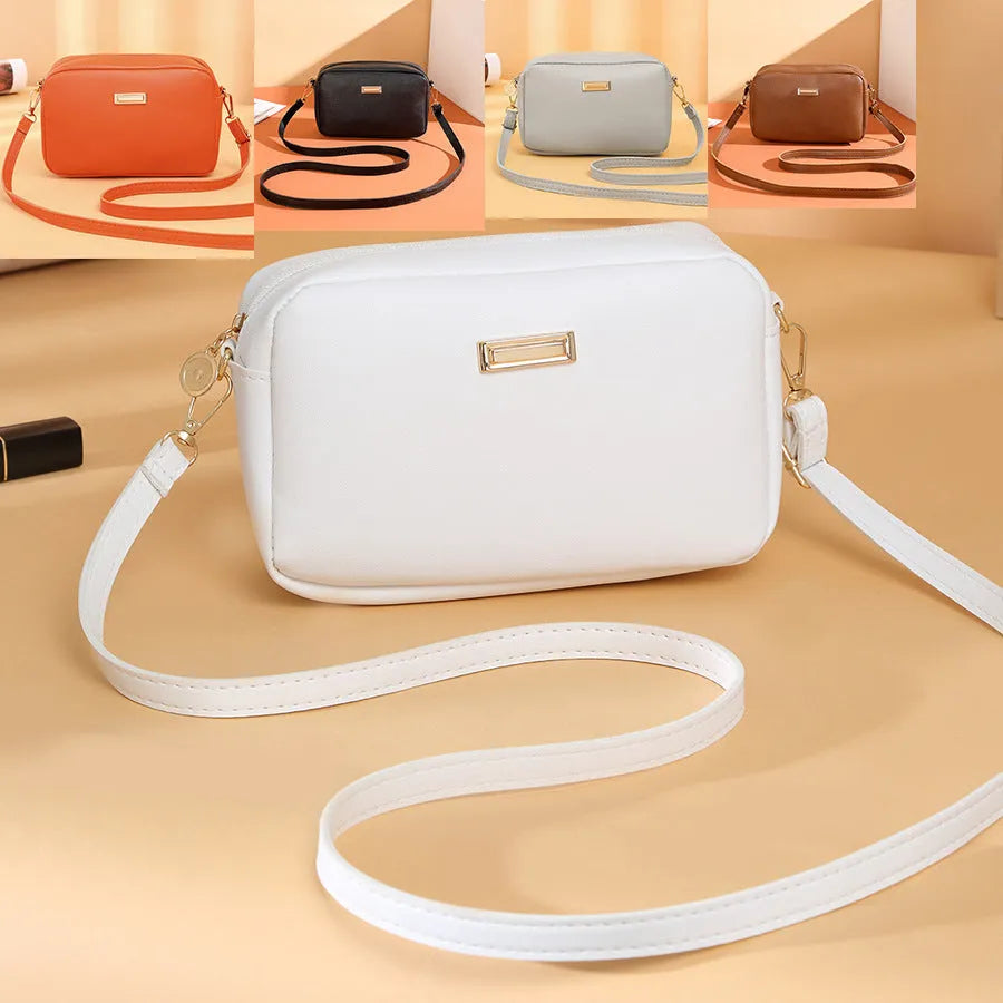 Women's solid colour PU shoulder bag in a horizontal square shape with a three-dimensional pocket.