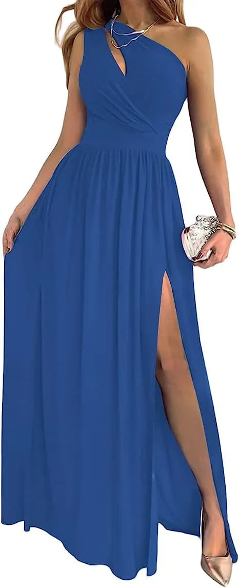 Women's apricot one shoulder maxi dress with high leg split and sleeveless cutout design.