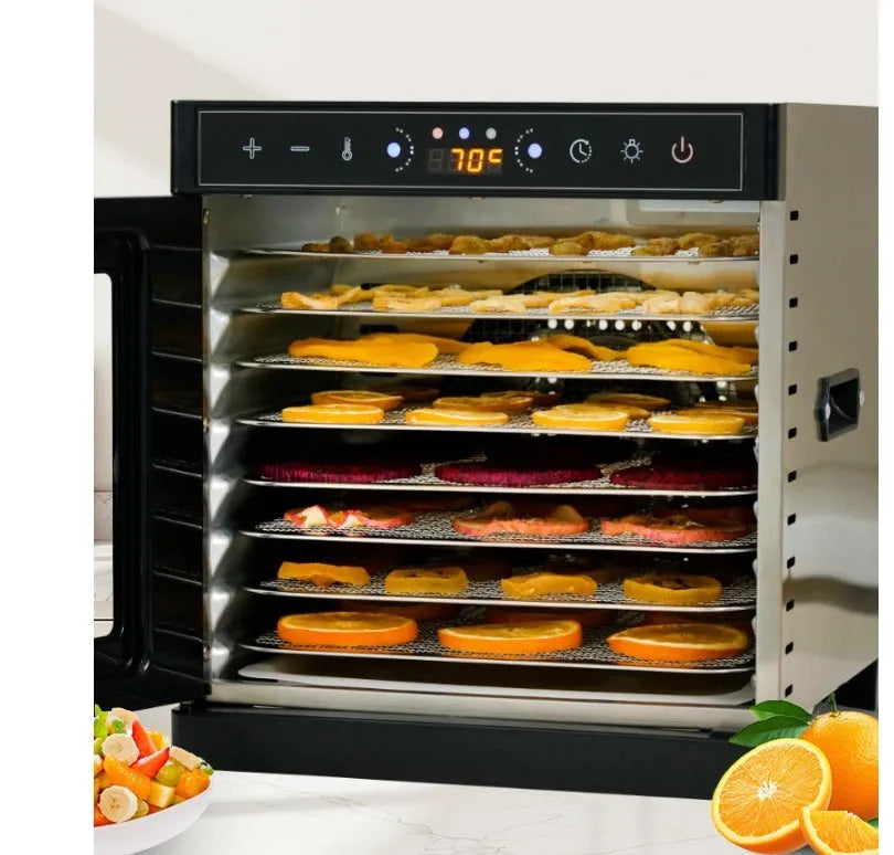 Stainless steel fruit dehydrator with transparent skylight showing drying trays inside