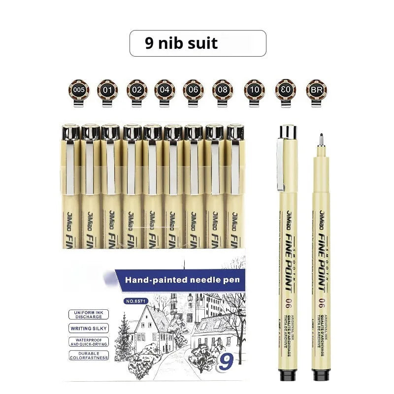 Needle drawing pen with waterproof hook line art cartoon design and hand-drawn syringe sketch styles