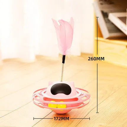 17cm diameter rotating cat toy turntable with ball attachment in pink, blue, yellow, and white colour options