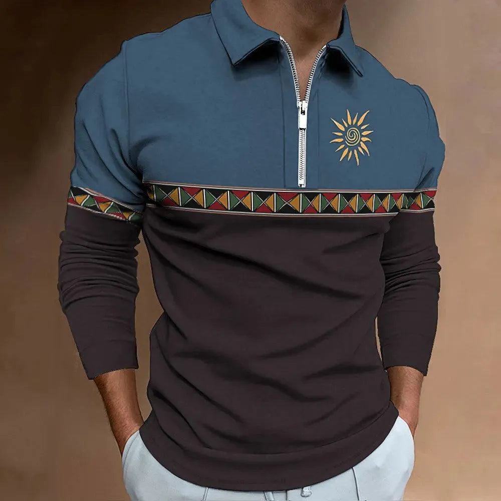 Man wearing a loose-fit long sleeve retro print t-shirt with striped and zipper decorations.