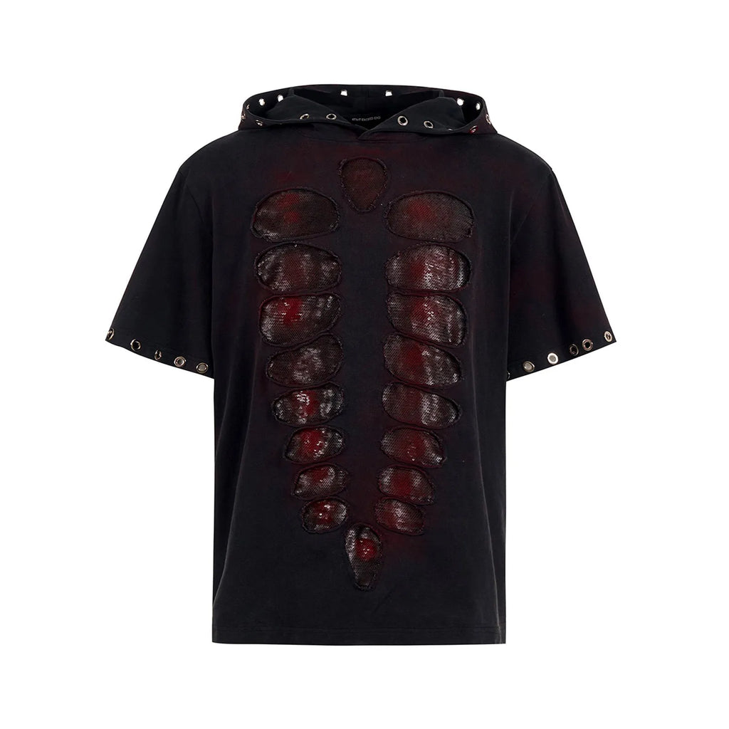 Black men's loose-fit hooded T-shirt with short sleeves and sequin decoration