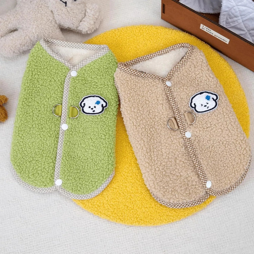 Green coral fleece dog vest with leash ring for small dogs