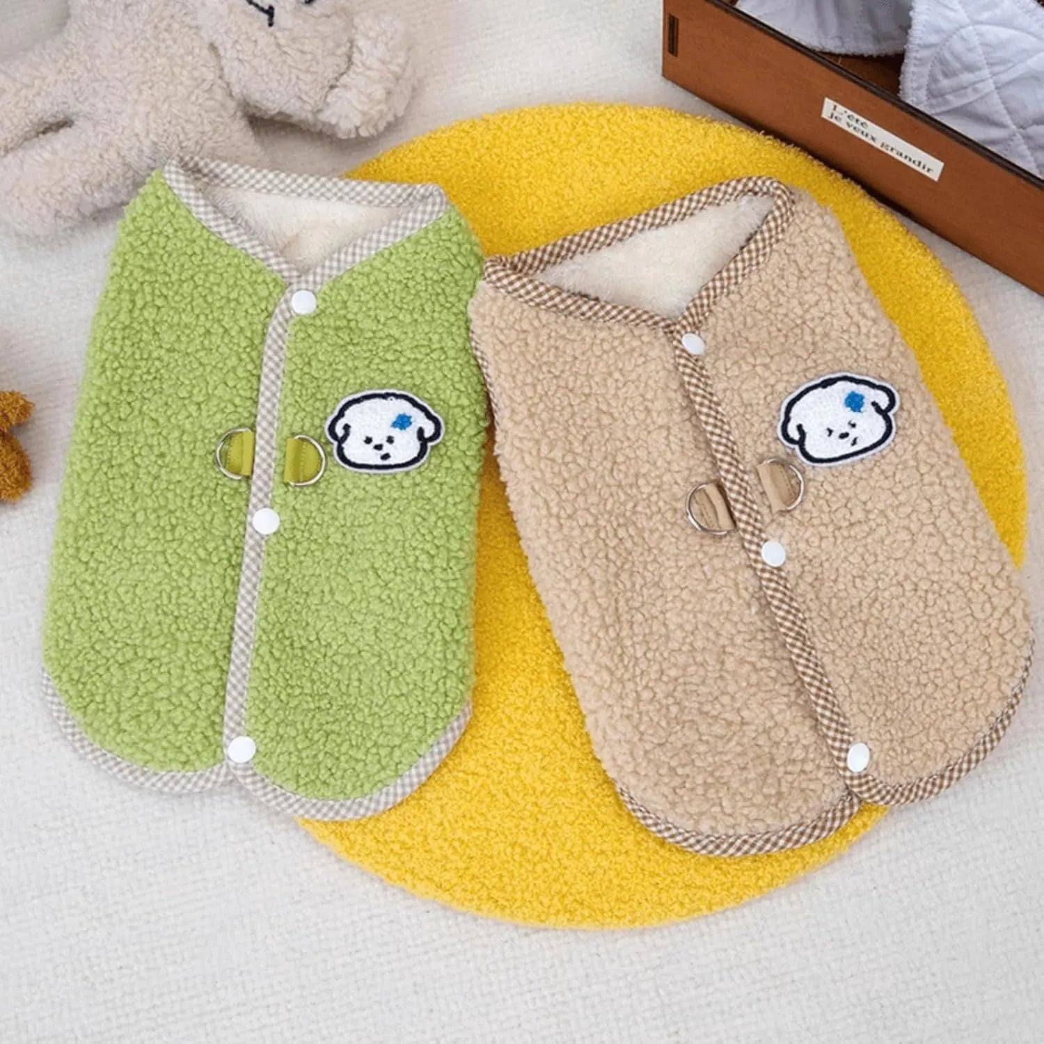 Green coral fleece dog vest with leash ring for small dogs
