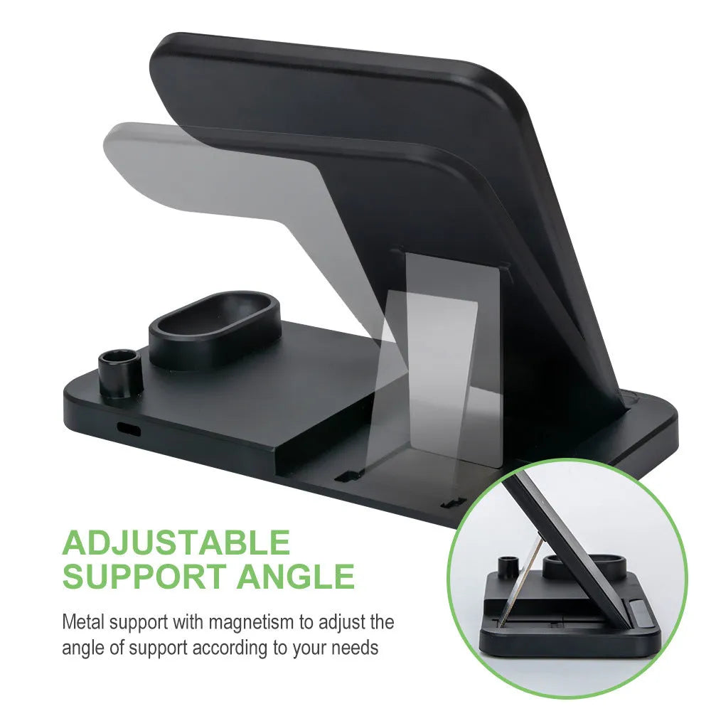 Folding 4-in-1 wireless charging station showing iPhone on vertical stand, Apple Pencil on magnetic spot, and two colour options.