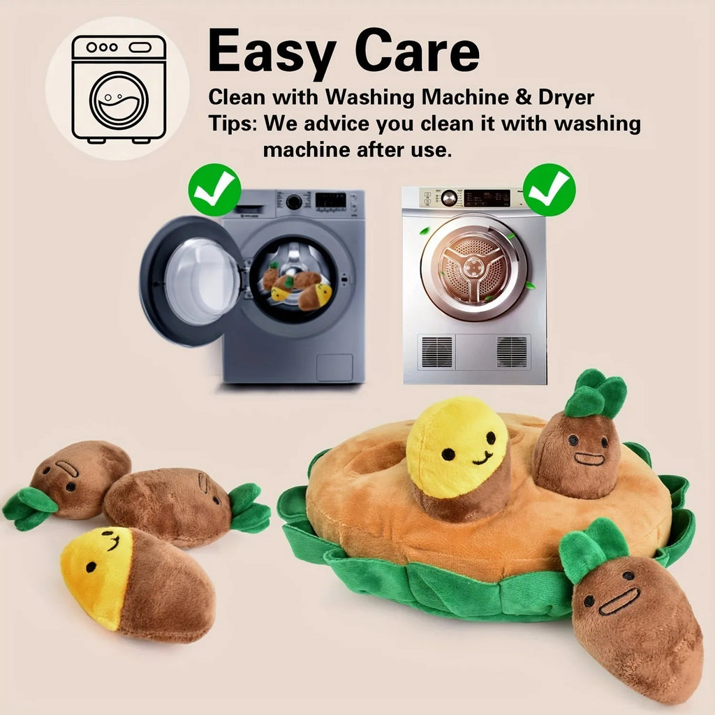 Yellow interactive dog puzzle mat with hidden squeaky plush toys for slow feeding and foraging games.