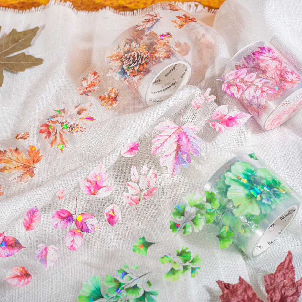 PET decorative sticker roll showing six natural leaf colour variations including ginkgo and maple designs