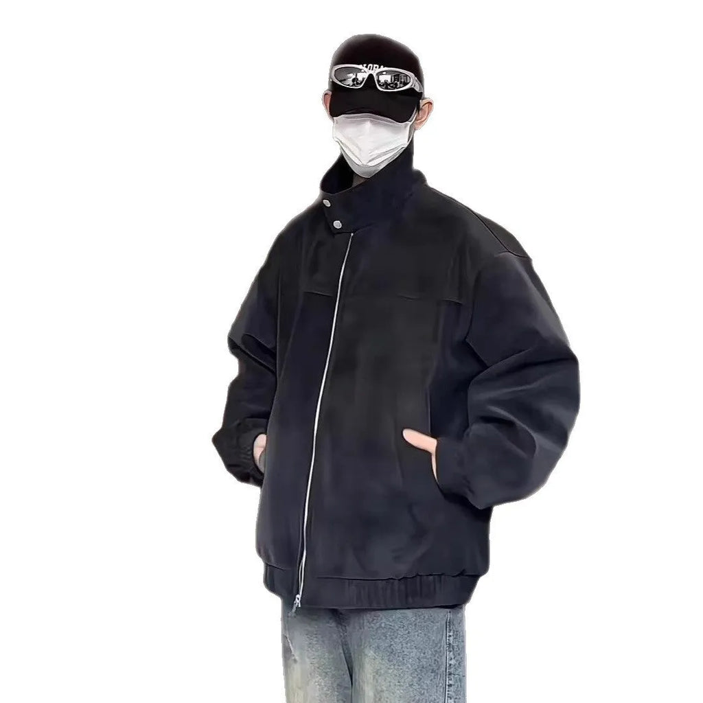 Men's black tie-dye PU leather jacket with stand collar and side seam pockets