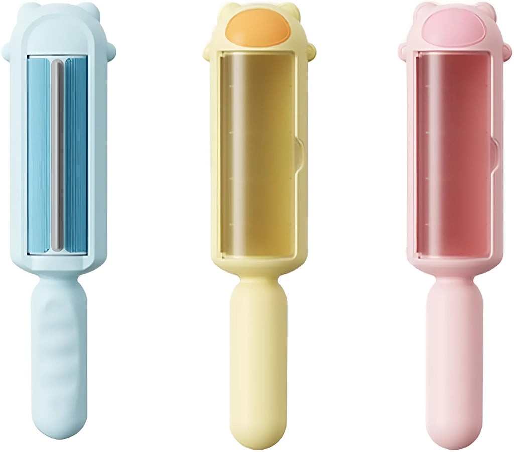 Blue pet hair remover roller with a self-cleaning base for furniture and cars.