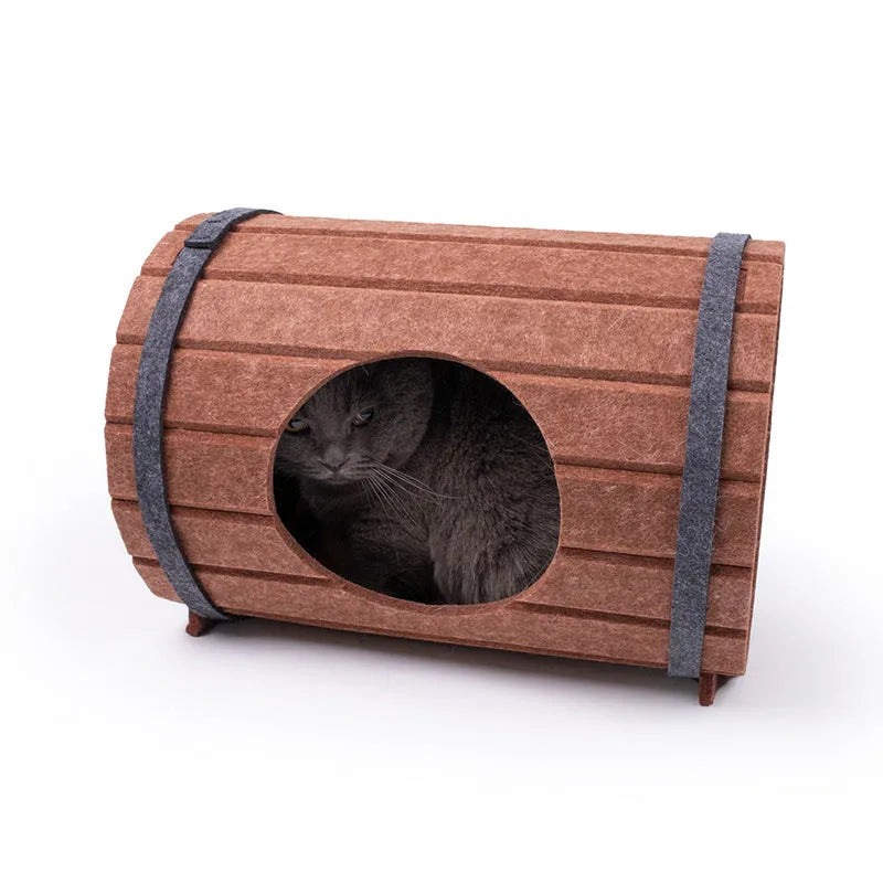 Brown polyester felt wine barrel-shaped pet bed for cats and small dogs