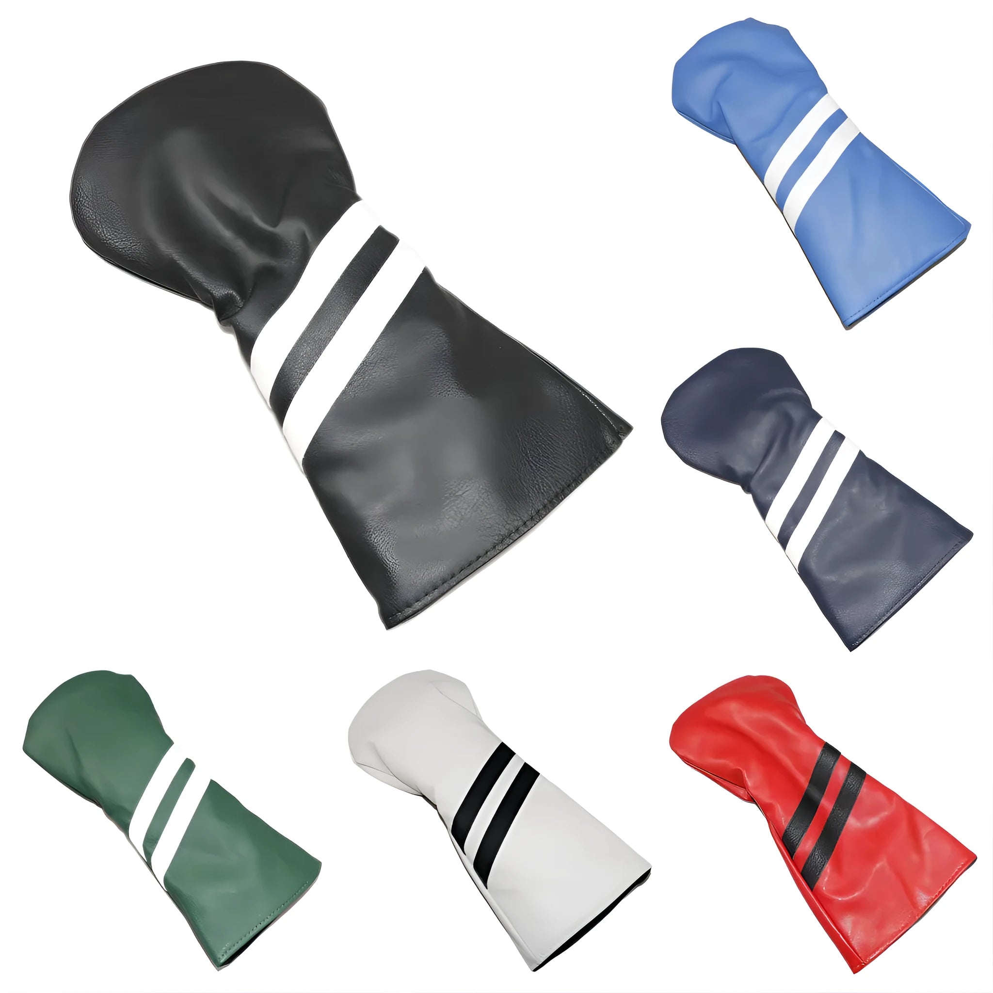 Golf wood head cover with two oblique stripes in blue, shown next to size and colour options.