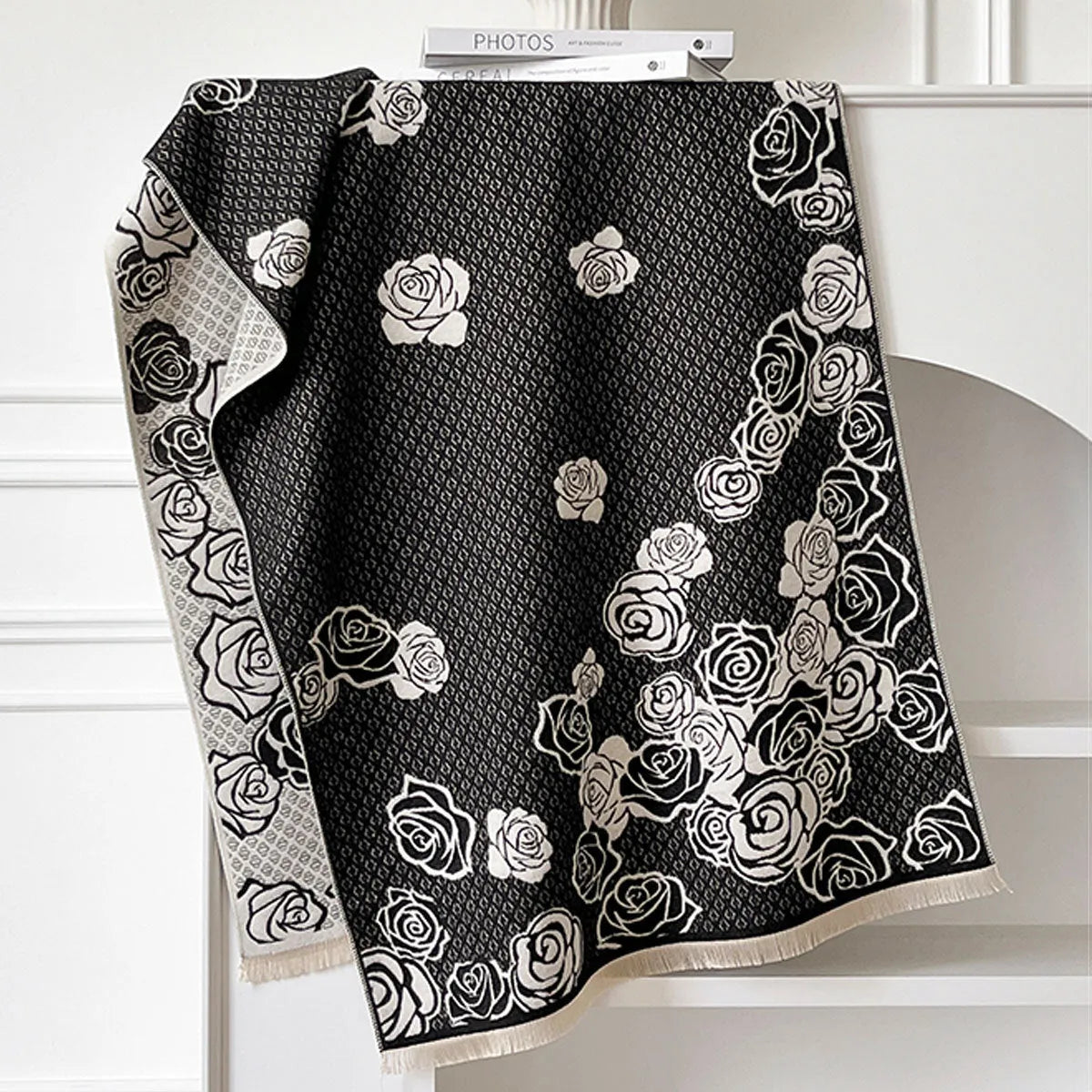 Long grey imitation cashmere scarf with tassels laid flat to show 185cm length.