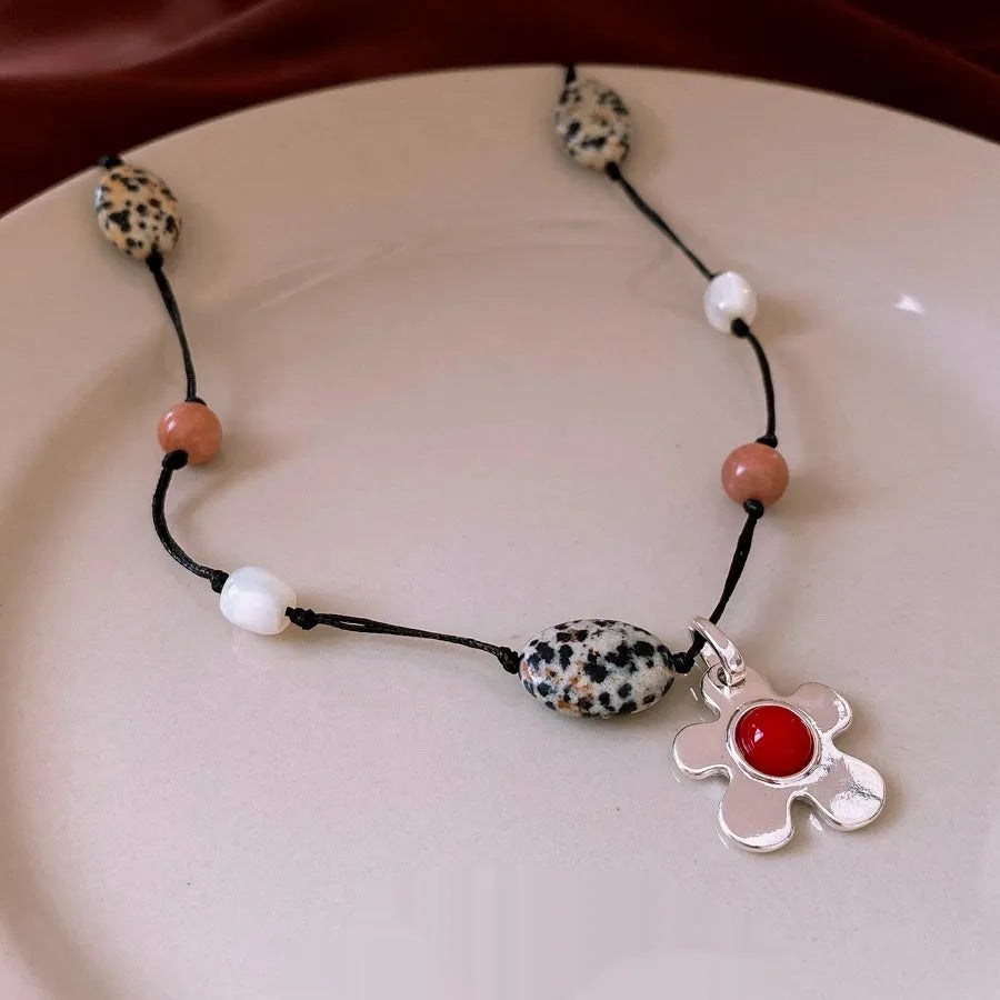 Women's stone shell beaded flower pendant necklace with adjustable 51-60cm alloy chain