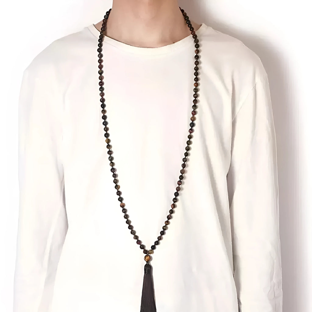 Long colourful agate and stone bead necklace with a geometric tassel, measuring 95-100cm